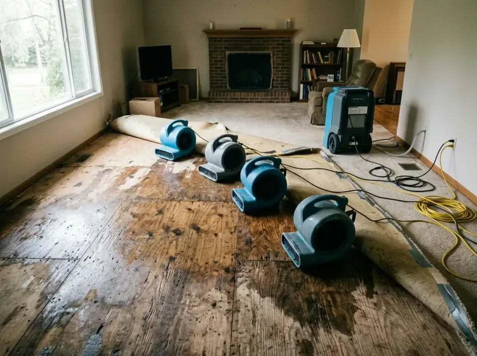 Air Mover — Residential Living Room — Air Mover, Dehumidifier, Plywood Subfloor, Residential Living Room, Emergency Water Ex…