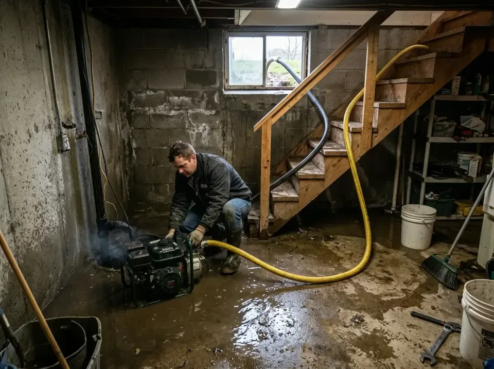 Gas-powered Water Pump — Flooded Basement — Gas-powered Water Pump, Yellow Discharge Hose, Black Suction Hose, Flooded Basem…