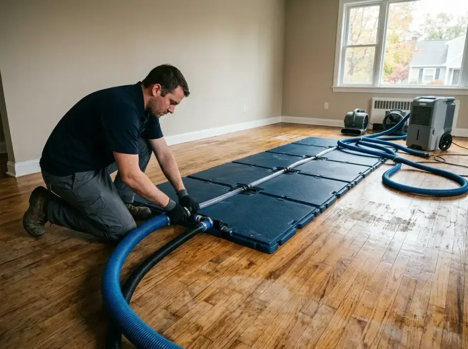 Restoration Technician — Residential Interior — Restoration Technician, Hardwood Floor Drying Panels, Blue Vacuum Hose, Resi…
