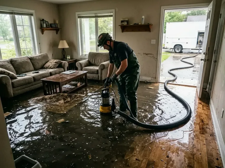 Submersible Pump — Residential Living Room — Submersible Pump, Suction Hose, Restoration Technician, Residential Living Room…