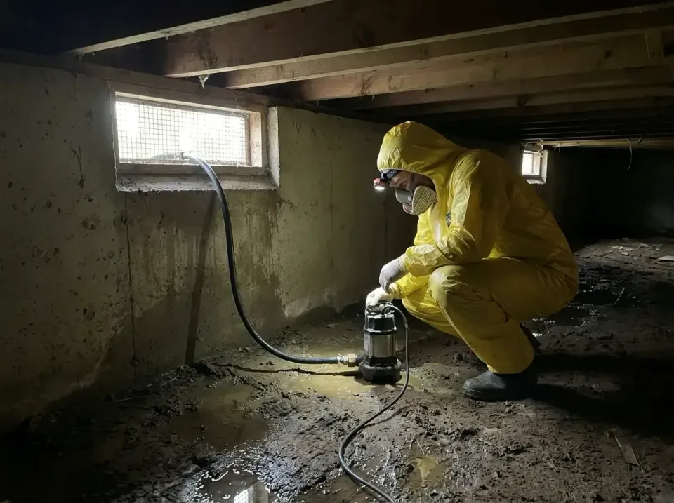 Technician — Crawl Space — Technician, Yellow Protective Suit, Respirator Mask, Crawl Space, Emergency Water Extraction & Dr…