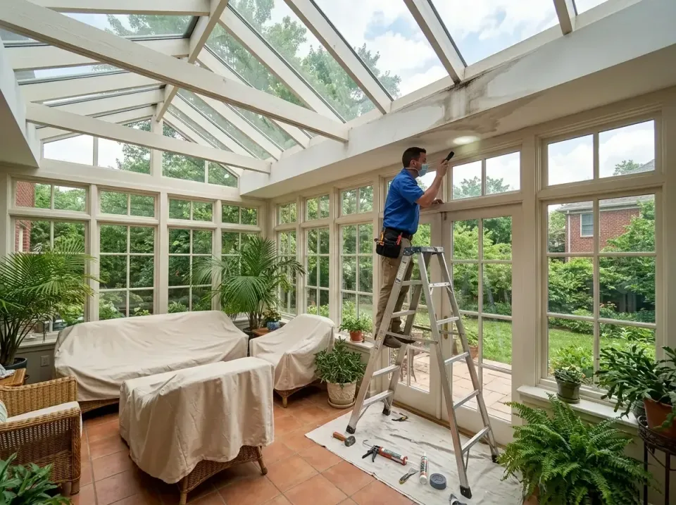 Technician — Water Damage Restoration — Technician, Stepladder, Sunroom, Water Damage Restoration, Emergency Water Extractio…