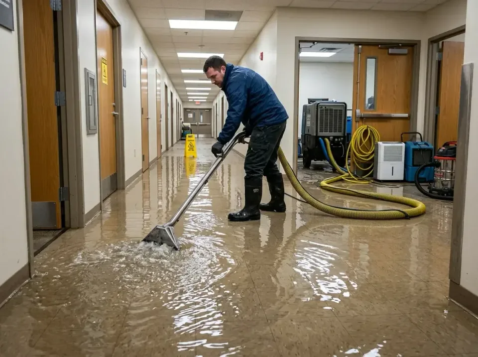 Water Extraction Wand — Commercial Building — Water Extraction Wand, Technician, Rubber Boots, Commercial Building, Emergenc…