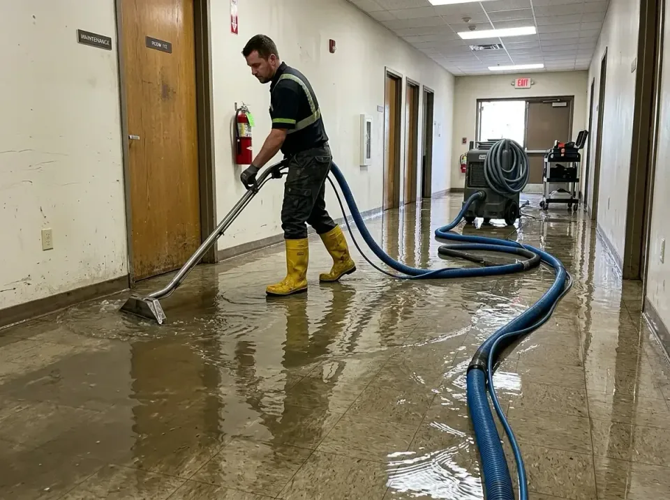 Water Extraction Wand — Commercial Building — Water Extraction Wand, Blue Vacuum Hose, Yellow Rubber Boots, Commercial Build…